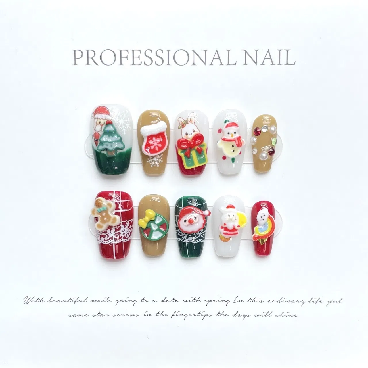 Design Luxury Handmade Nails Santa Claus Fall Customized Red Winter Starlight Twinkle Father Christmas Tree Glitter Cute Cotton Gifts Fake Press on False Nails