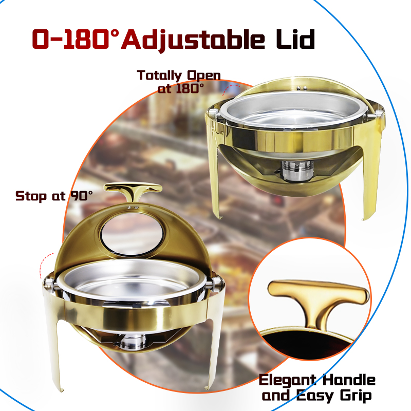 Daosheng Restaurant Supplies Wholesale Chafing Dishes Roll Top Serving Dish Buffet Stove 6 Liter Round Golden Chaffing Dishes