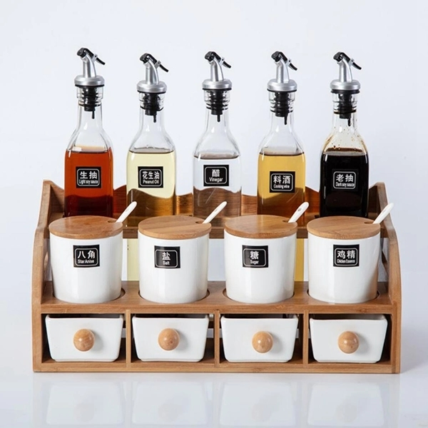 Seasoning Set Ceramic Oil Bottle Tank Combination Kitchen Square Shape Olive Oil Bottles with Non-Drip Spouts Spice Bot