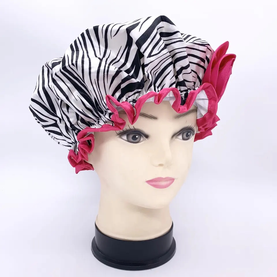 Zebra Printing Polyester Satin Fabric Double Layer Shower Caps with Flower