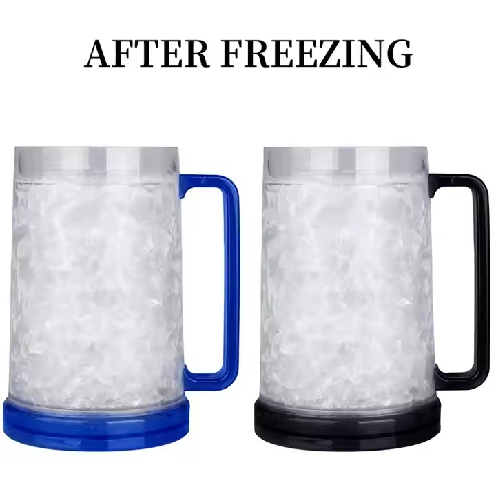 Clear Black Blue16oz Double Wall Gel Freezer Drinking Plastic Cups Cooling Beer Mug with Handle