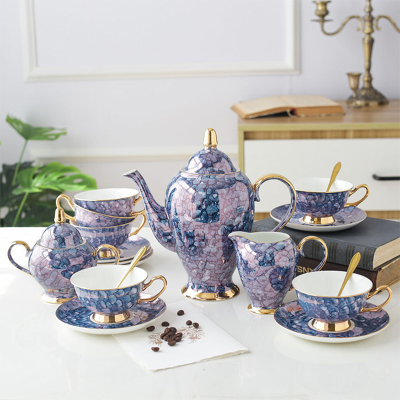 Фарфоровый кофейный сервиз Bone China, 15 предметов, сапфирово-розовый