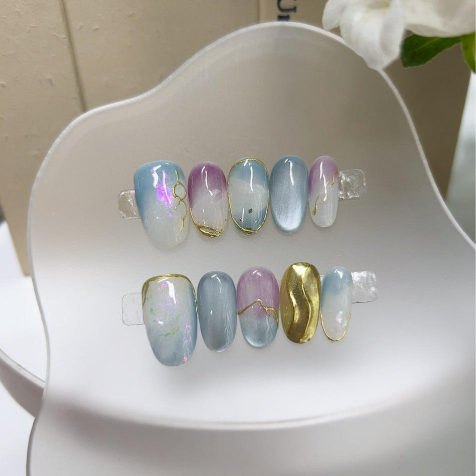 Hot Selling 100% Hand-Painted Ice Flower High Quality Fashionable False Nails Set with Glue Reusable Certified Wholesale