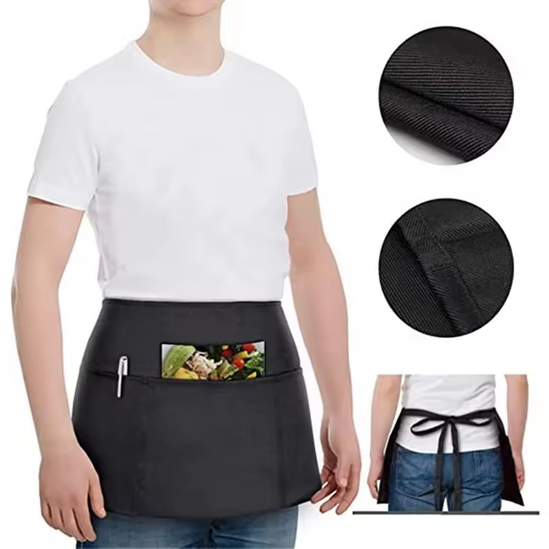 Custom Polyester Waist Sleeveless Server Aprons Women Men 3 Pockets Waiter Half Short Apron