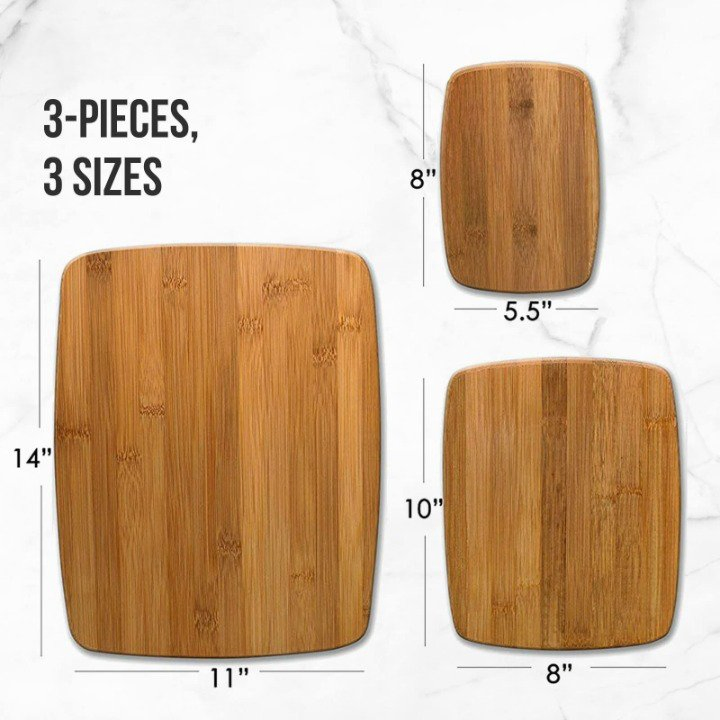 3-Piece Kitchen Chopping-Boards-Set Reversible Meal-Prep and Serving Charcuterie Wood Assorted Sizes Bamboo