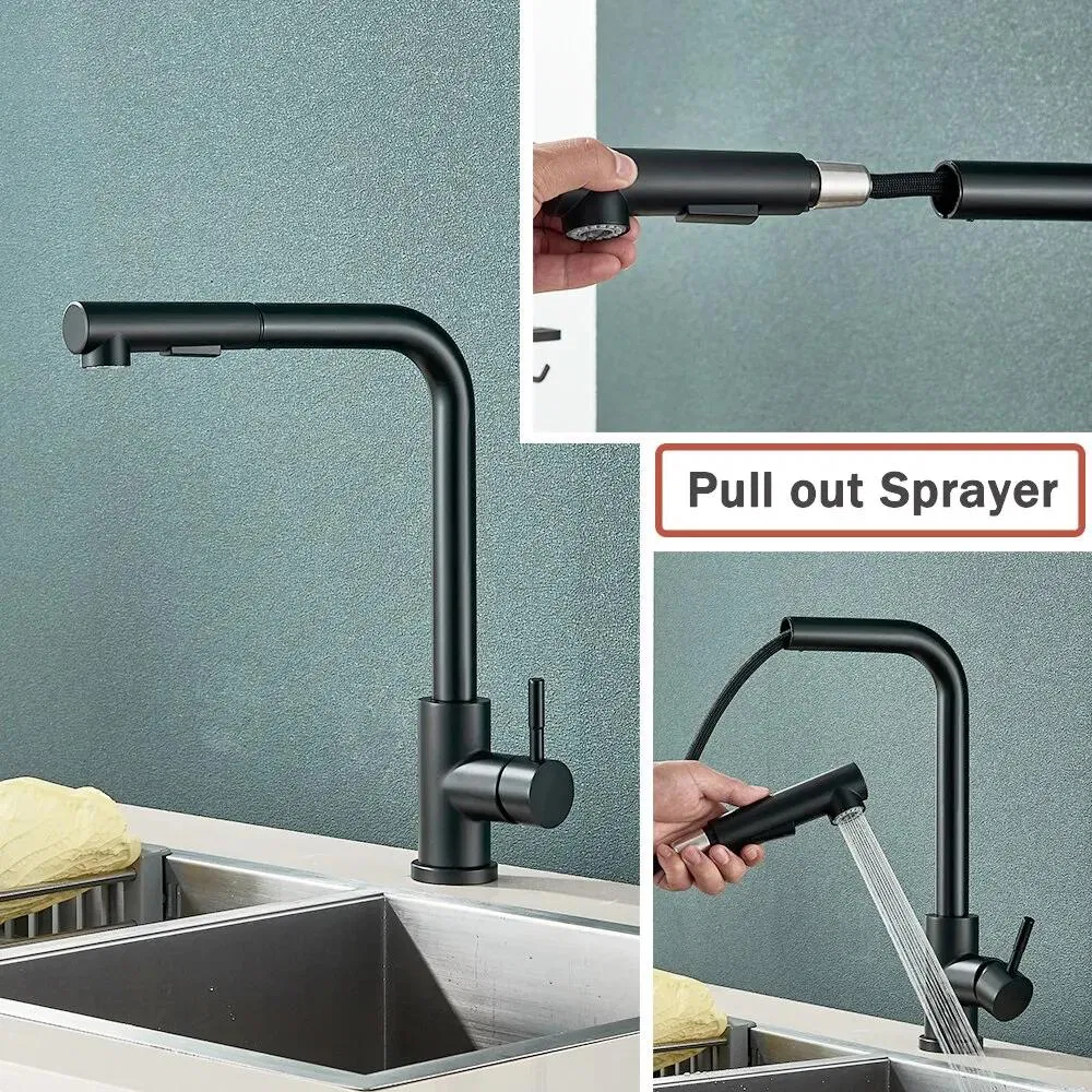 Black Pull out Kitchen Sink Faucet Flexible 2 Modes Stream & Sprayer Nozzle Faucets Stainless Steel Hot Cold Wate Mixer Tap Deck