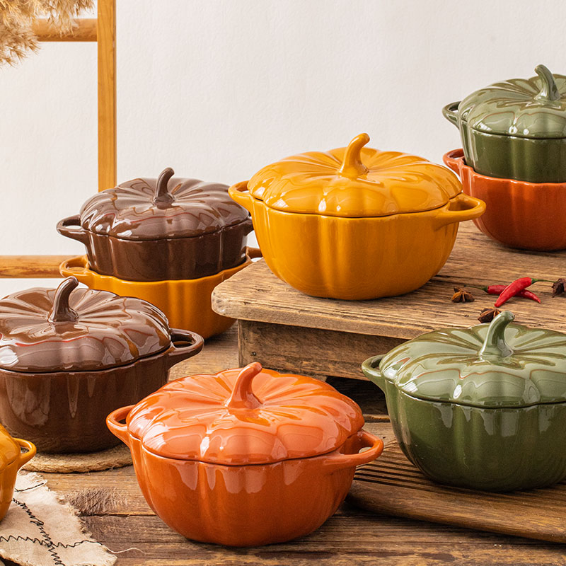 Ceramic Kitchenware Pumpkin Lard Pot with Cover Double Ear Soup Bowl