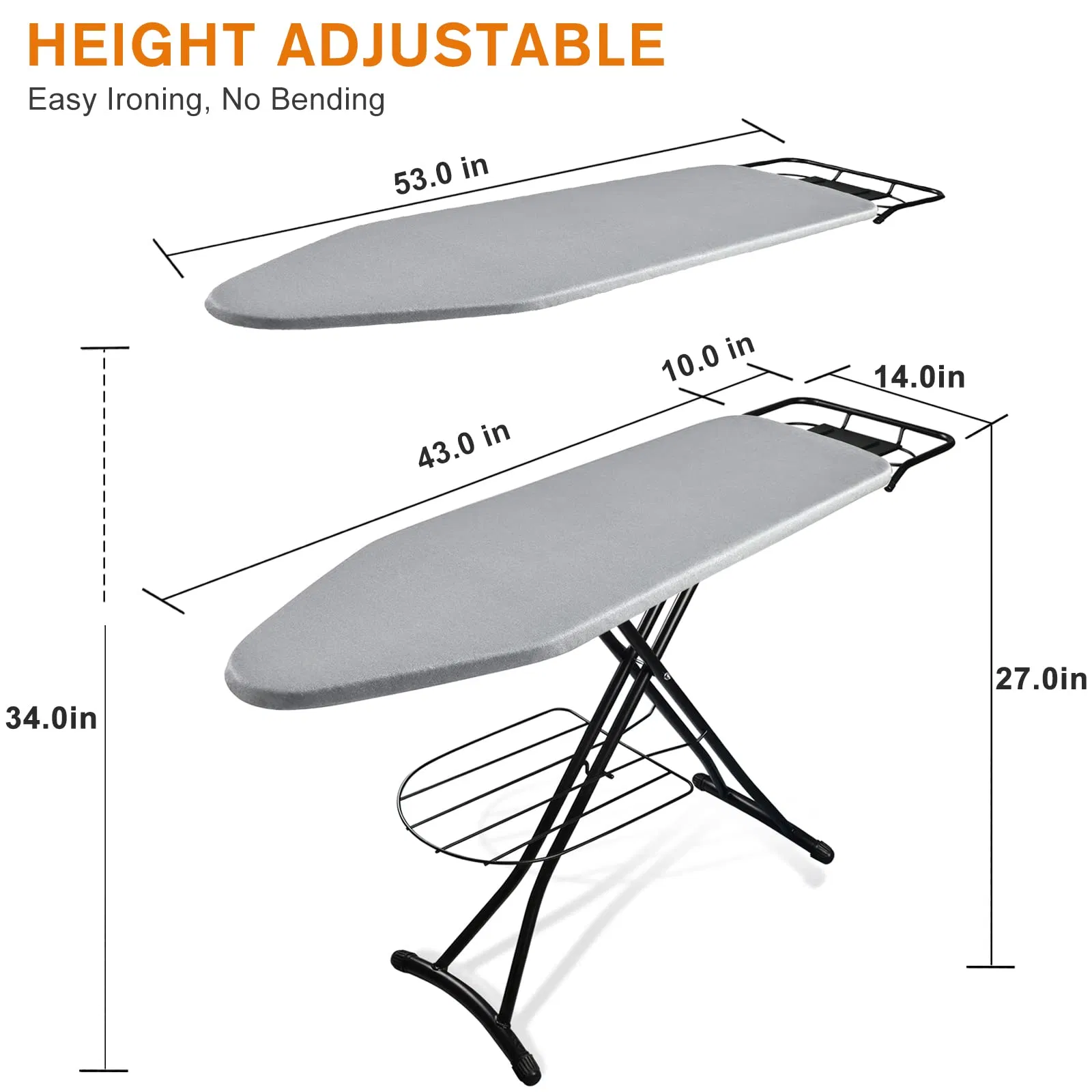 Ironing Board Cover Wall Mount Storage Tray Iron Rest Legs Height Adjustable