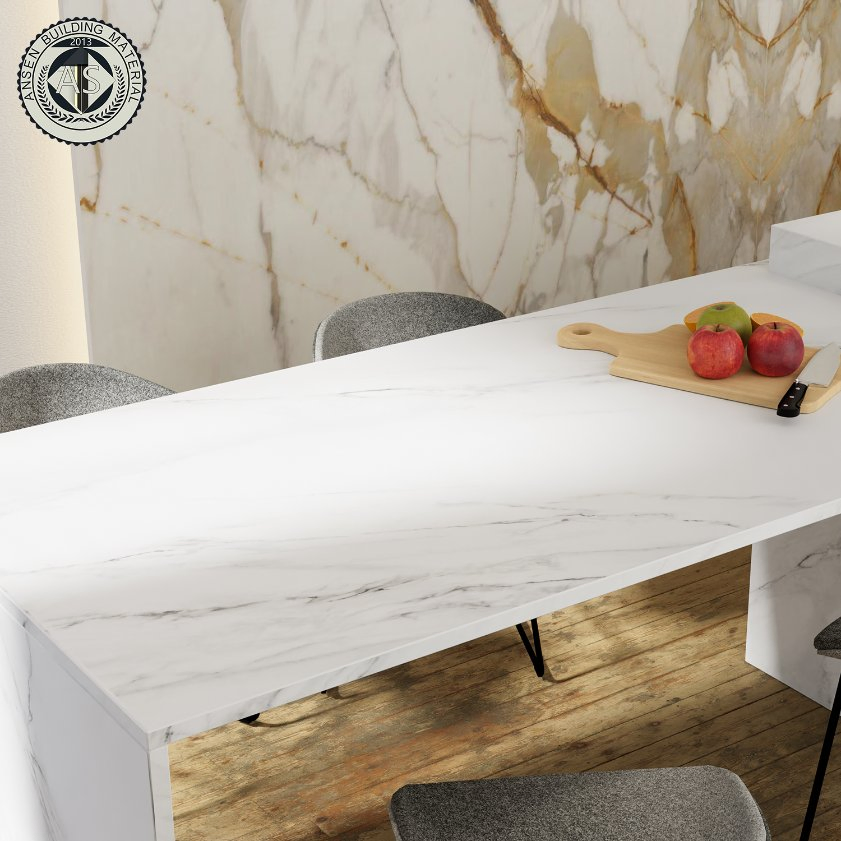 Precut Silky Finish Calacatta White Large Size Sintered Stone Countertop Island Kitchen Bench Design