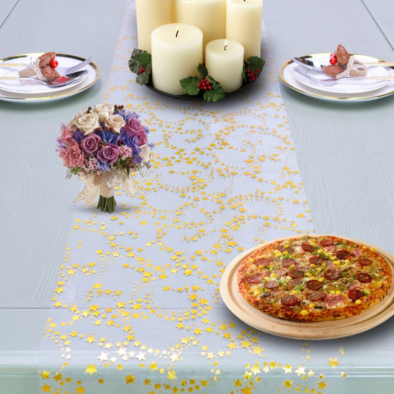 Metallic Printed Stars Organza Fabric Deco Rolls Used as Table Runner Cloth Table Mat Table Cover Chair Sash Christmas Tablecloth Home and Party Decoration