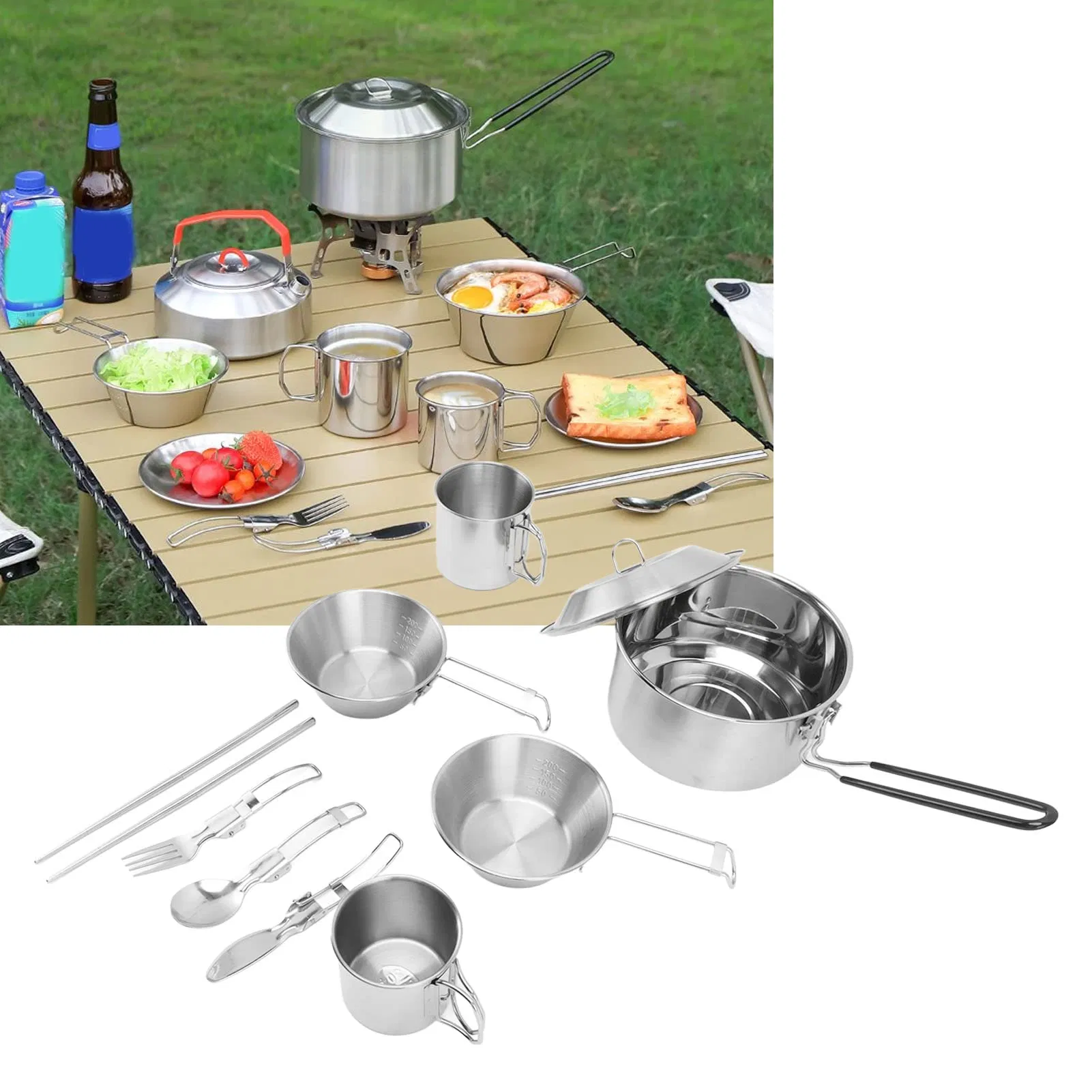 Promotion Stainless Steel Kitchen Campfire Handles Picnic Cooking Hiking Camping Cookware Set
