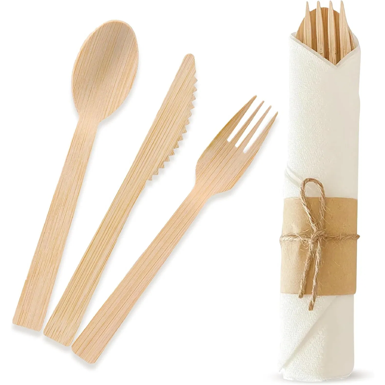100PCS Pack Disposable Biodegradable Custom Printing Wooden Knife Fork Spoon Set Smooth Natural Tableware Bamboo Cutlery for Party Wedding Restaurant