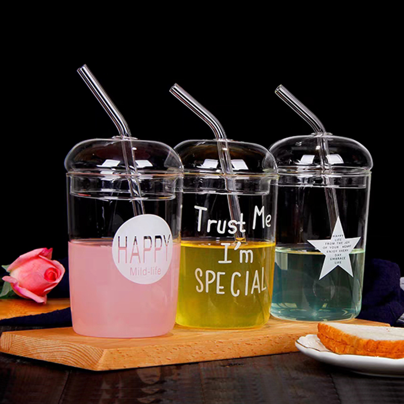 Handmade Borosilicate Single Wall Smart Mug with Glass Straw and Lid for Lemon Water Juice Tea Set