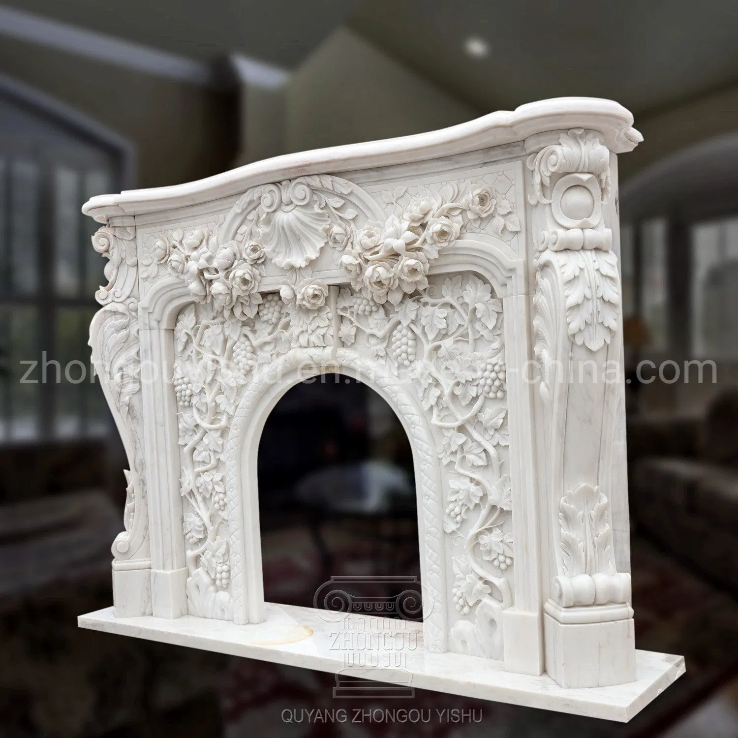 Basic Customization Home Decoration White Marble Fireplace Mantel French Style Hand Carved Marble Interior Design Fireplace