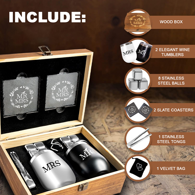 Stainless Steel Wine Tumblers Mr and Mrs with Engraved Wooden Keepsake Box Gift Romantic Wedding Gifts for Newly Married Couple