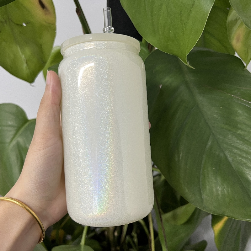 Blank White Pink 16oz Glitter Holographic Shimmer Sublimation Glass Can with PP Plastic Lids and Straws