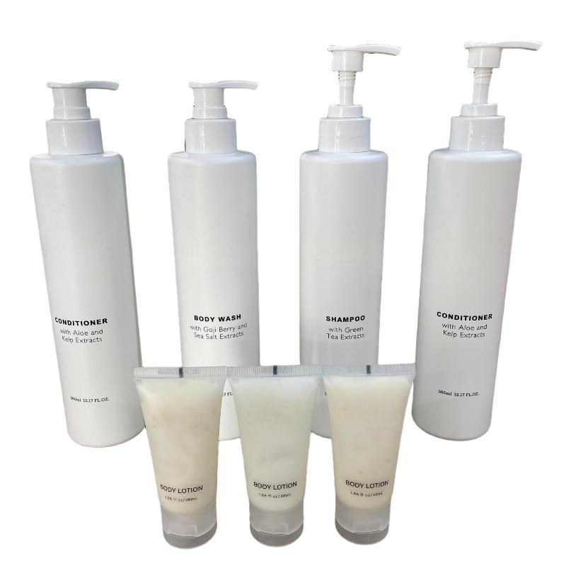 Wholesale Green Tea Extracts Hotel Toiletries Set Shampoo Conditioner Body Lotion Shower Gel Custom Logo Available