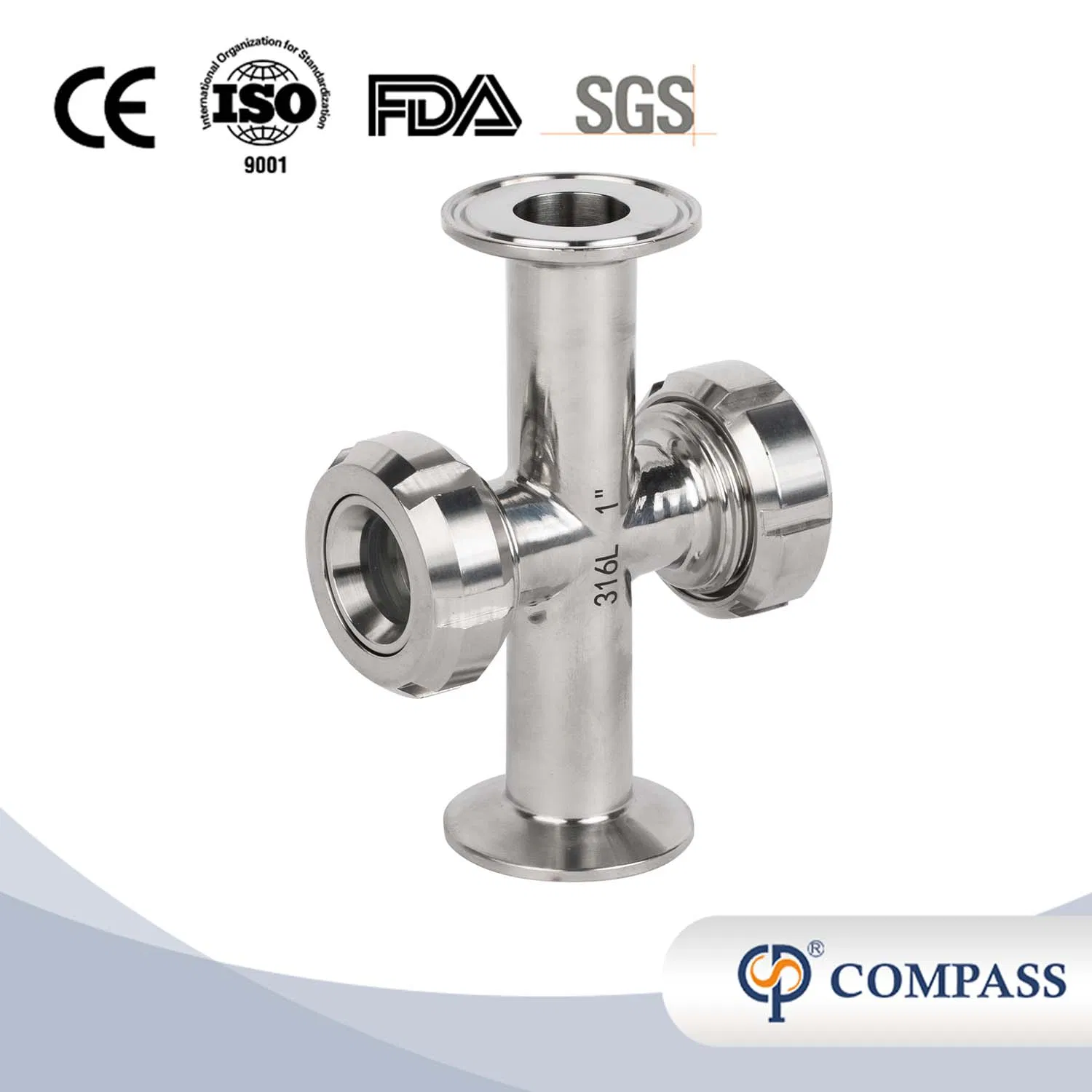 DN80 SS304 SS316L Sanitary Stainless Steel Union Type Four Way Cross Sight Glass with PTFE Gasket