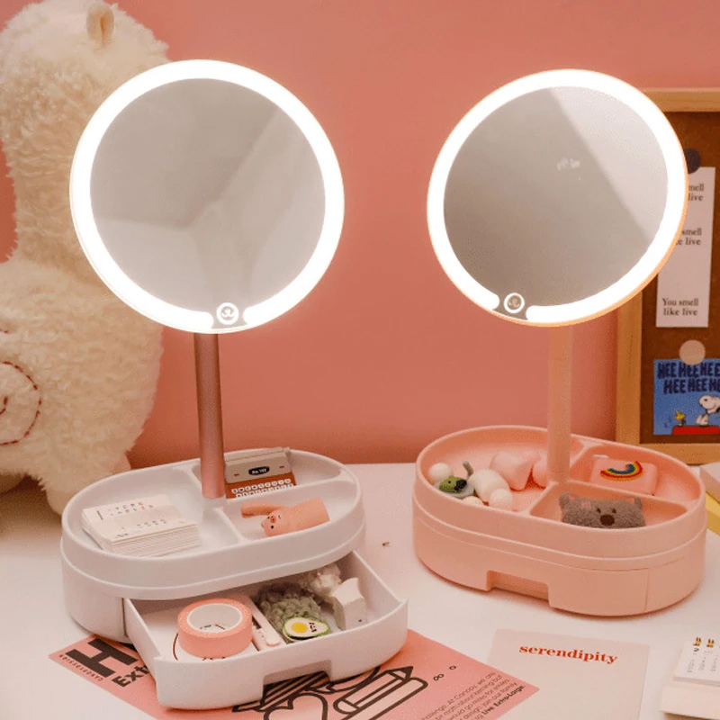 Desk LED Lighted Touch Screen Portable Mini Makeup Mirror Multi-Function Storage Makeup Box Cosmetics Rack Mirror