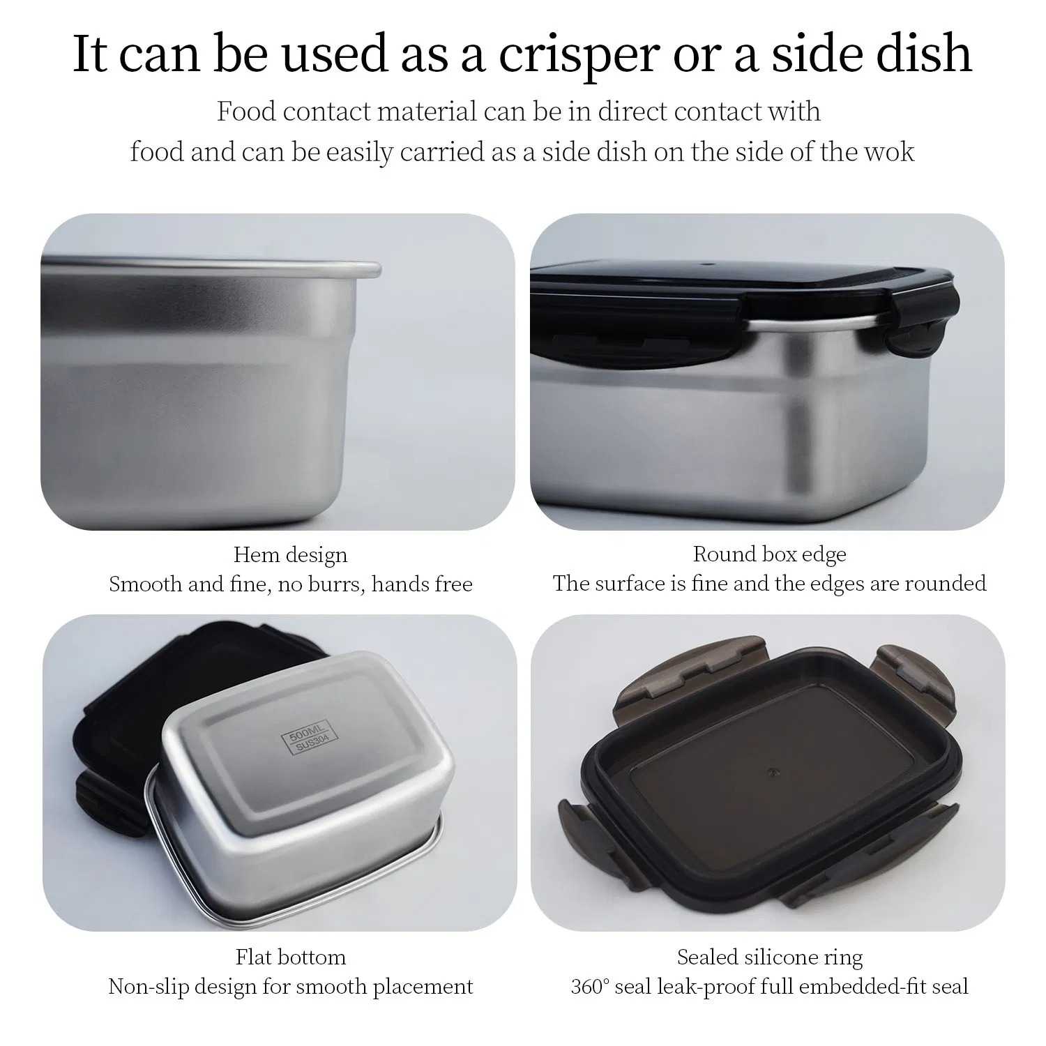 304 Stainless Steel Black Crisper Airtight Transparent Lid Crisper