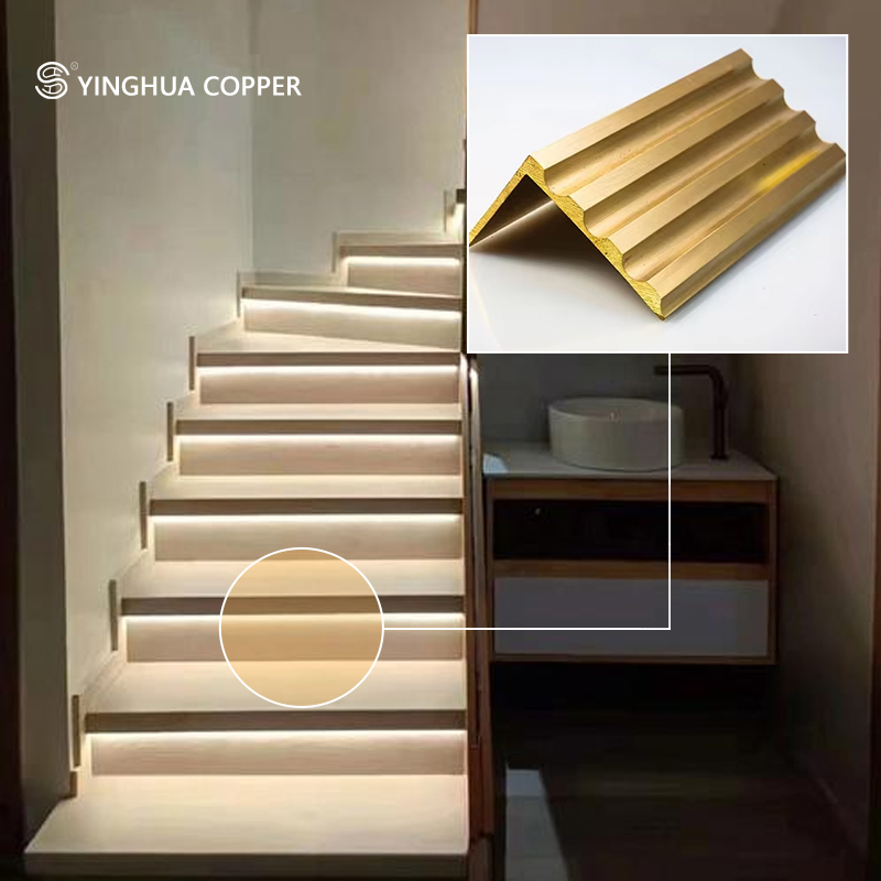 L-Shaped Non-Slip Stair Tread with Elegant Copper Brass Strip