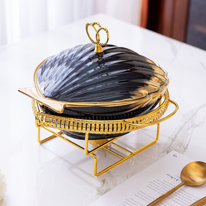 Shell Shape Ceramic Casserole Home Luxury Gold Tableware Heating Hotel Dry Soup Pot Gold Rack Food Wamer with Candle Holder