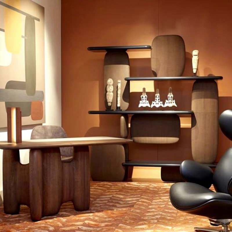 Консоль-стеллаж для гостиной деревянная черная с полками