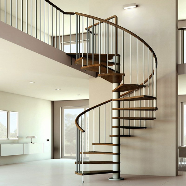Modern Indoor Steel Spiral Staircase with Wood Steps