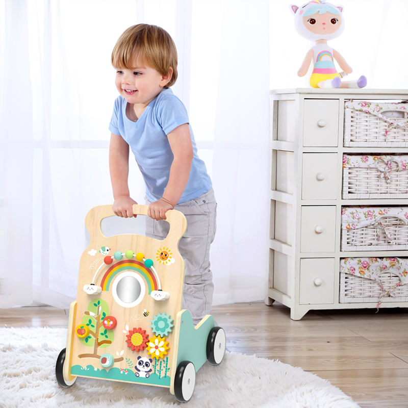 Wooden Baby Walker Multi-Functional Activity Center Bead Maze Pull and Push Cart Baby Learning Walk