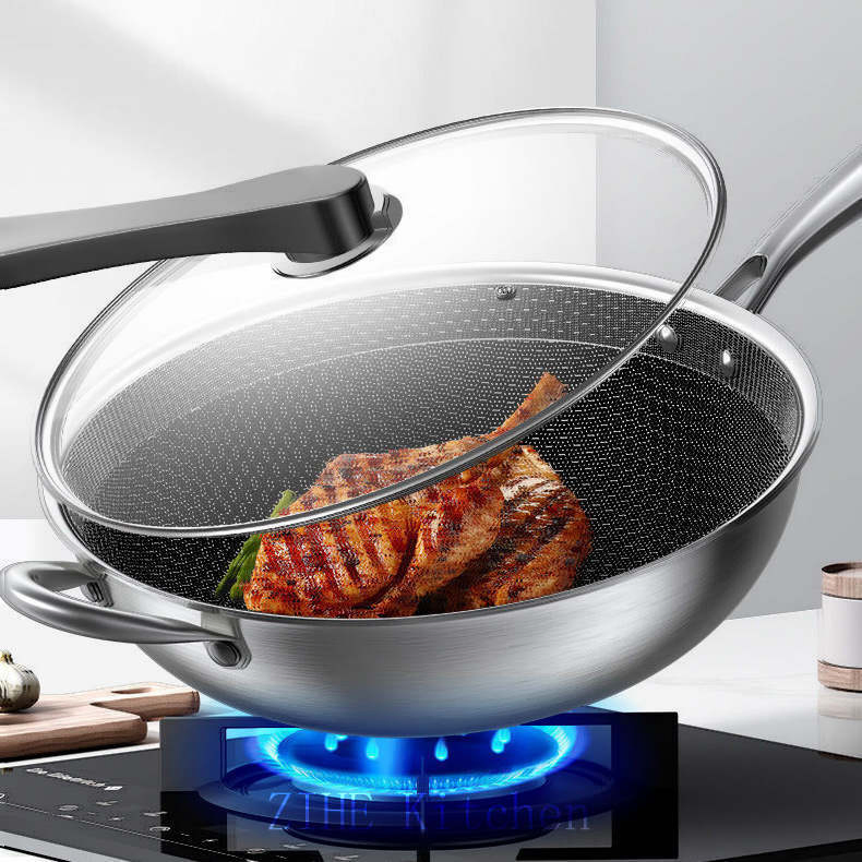 Customized Stainless Steel Honeycomb Uncoated Low Smoke Thick and Non Stick Stir Fry Pan