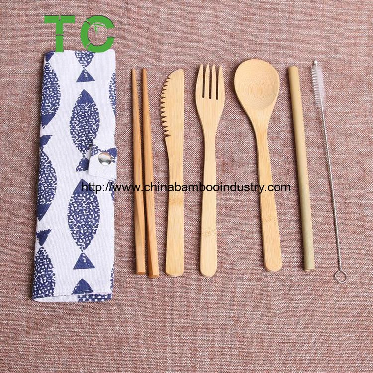 Unique Tableware Eco Friendly Bamboo Cutlery Sets Drinking Straw Knife Fork Spoon