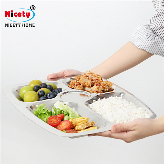 Tableware Divided Metal Food Lunch Tray Stainless Steel 5 Meal Compartments Dinner Plates