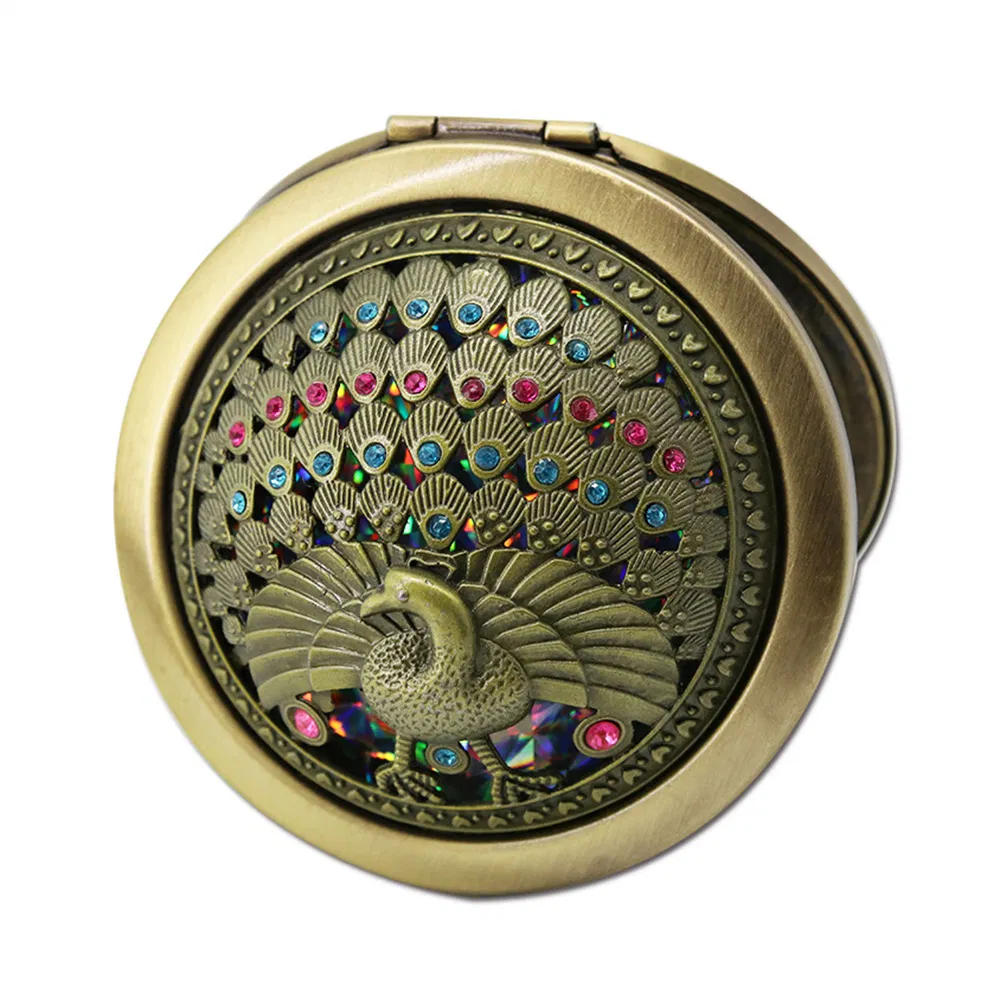 Factory Wholesale Custom Logo Fashion Gift Folding Antique Brass Hollow Makeup Mirror LED Mirror Makeup