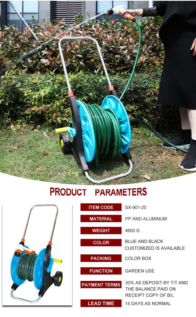 Seesa Mobile Lay Flat Flexible Outdoor Garden Water Hose with Metal Hose Reel Irrigation Cart
