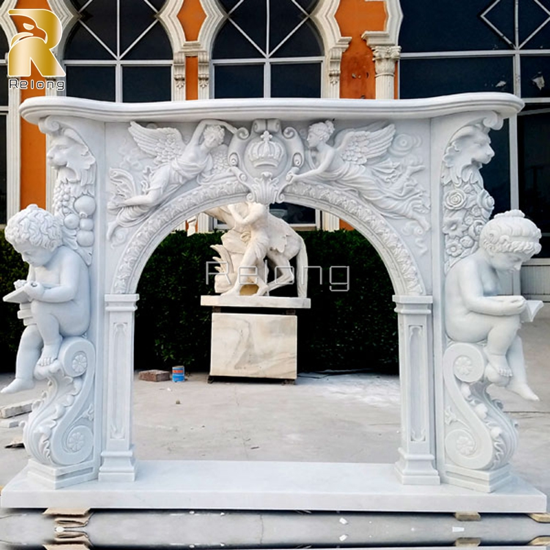 Natural Luxury Marble Stone Fireplace Mantel with Baby Statue for Sale