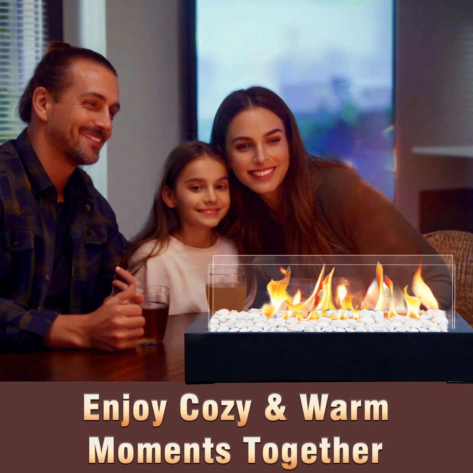 Freestanding Ethanol Fireplace Durable Rectangular Tabletop Fireplace with Tempered Glass