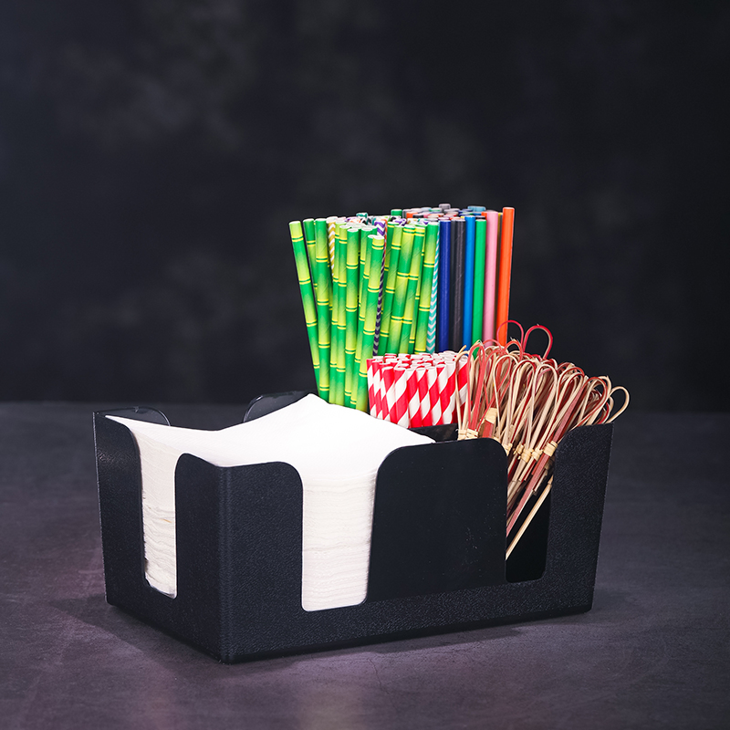 Black Plastic Bar Caddy Napkin Dispenser with 6 Compartments