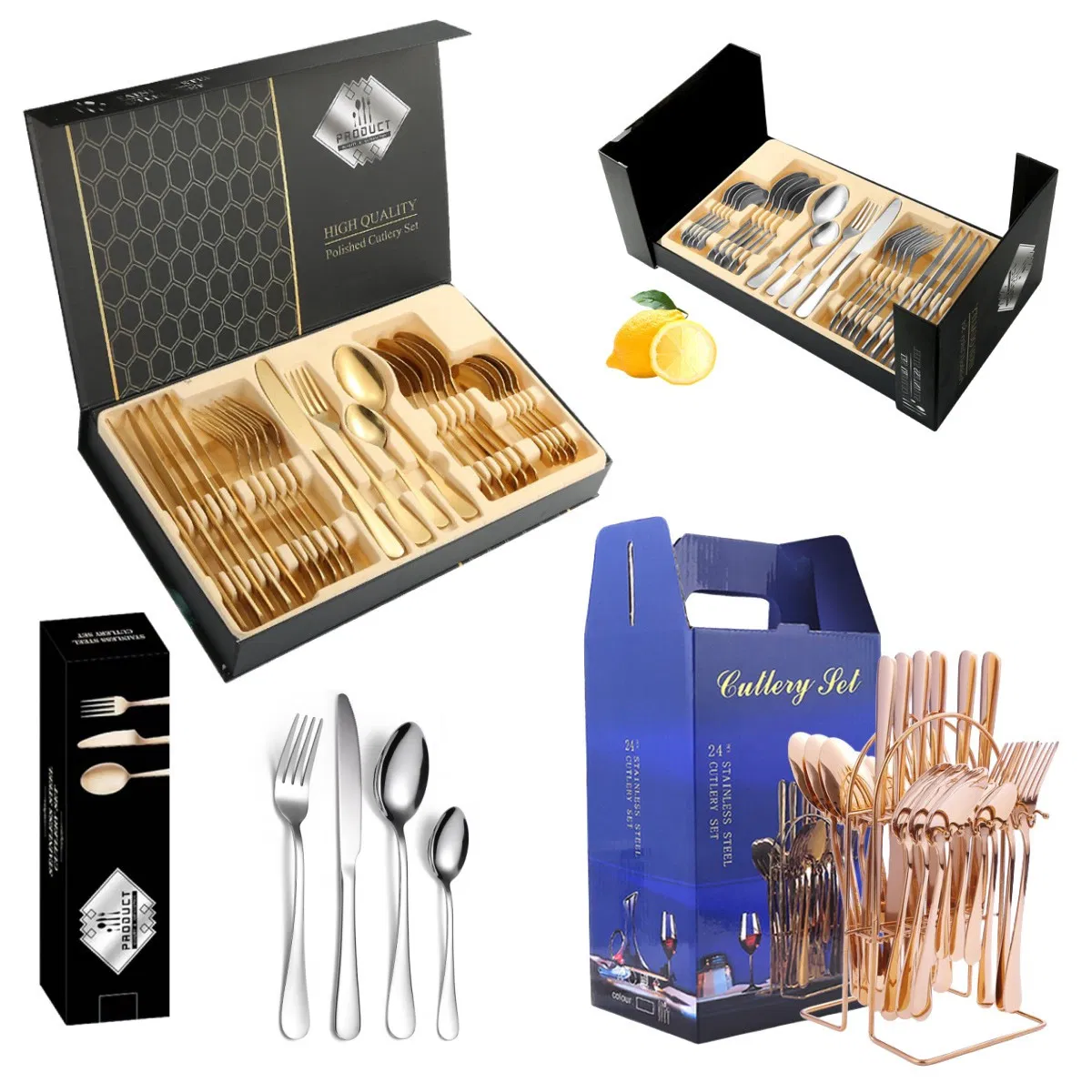 Luxury Ajoyous 24PCS Dinnerware Set Stainless Steel 24 Pieces Dinnerware Set 16PCS 24 PCS Gold Silver Spoon Fork Steak Knife Dinnerware Set