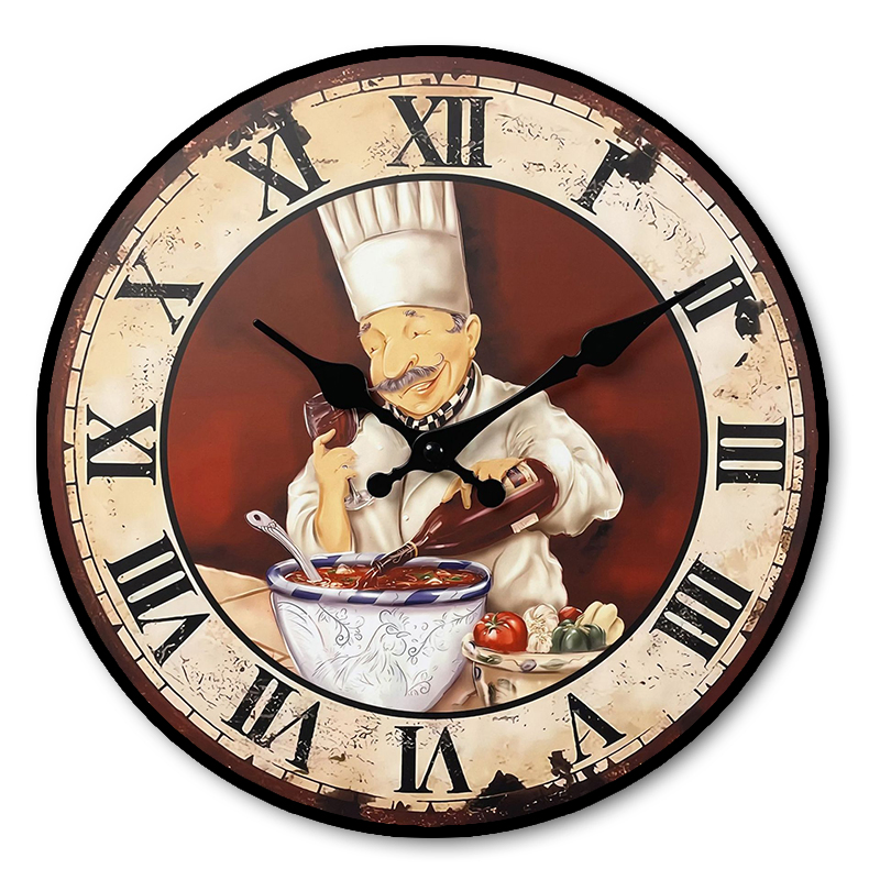Vintage Roman Numeral Chef Cooking Kitchen Wall Clock, Retro Culinary Home Decor Timepiece