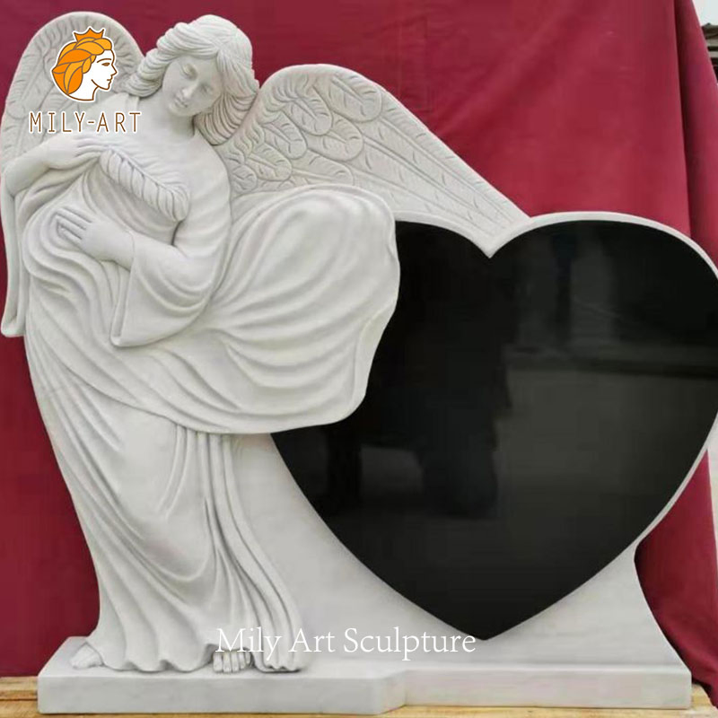 Customized White Marble Angel Tombstone in Love Shape for Cemetery
