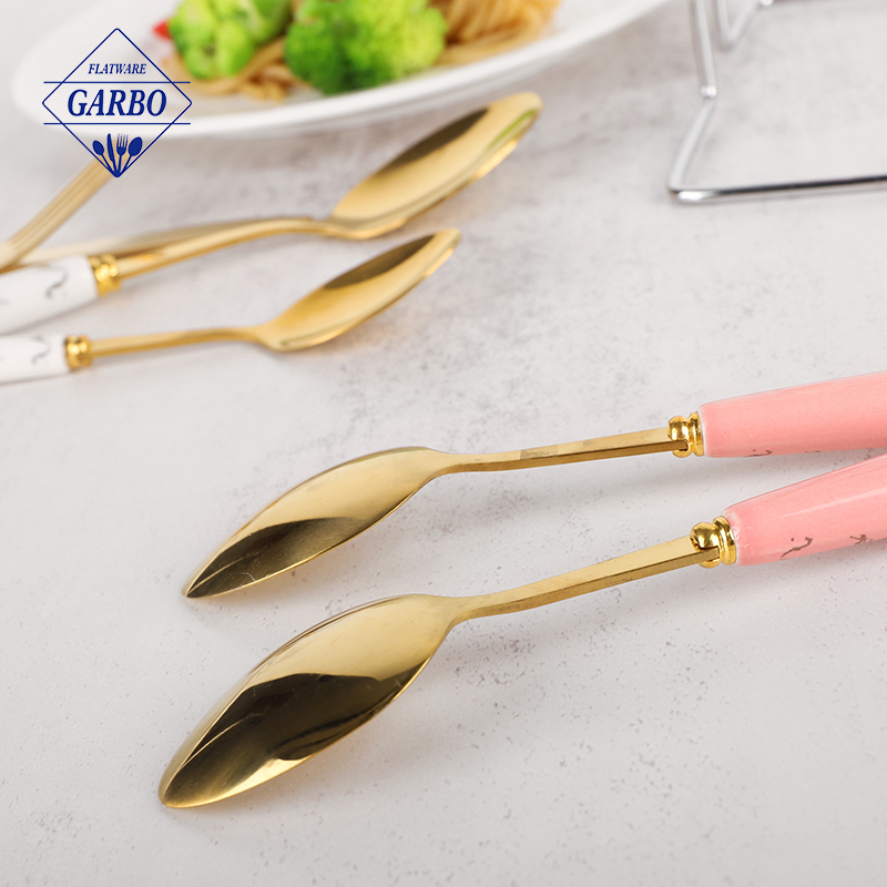Hand Polished Golden Electroplating Stainless-Steel Dinner Fork with Ceramic Handle