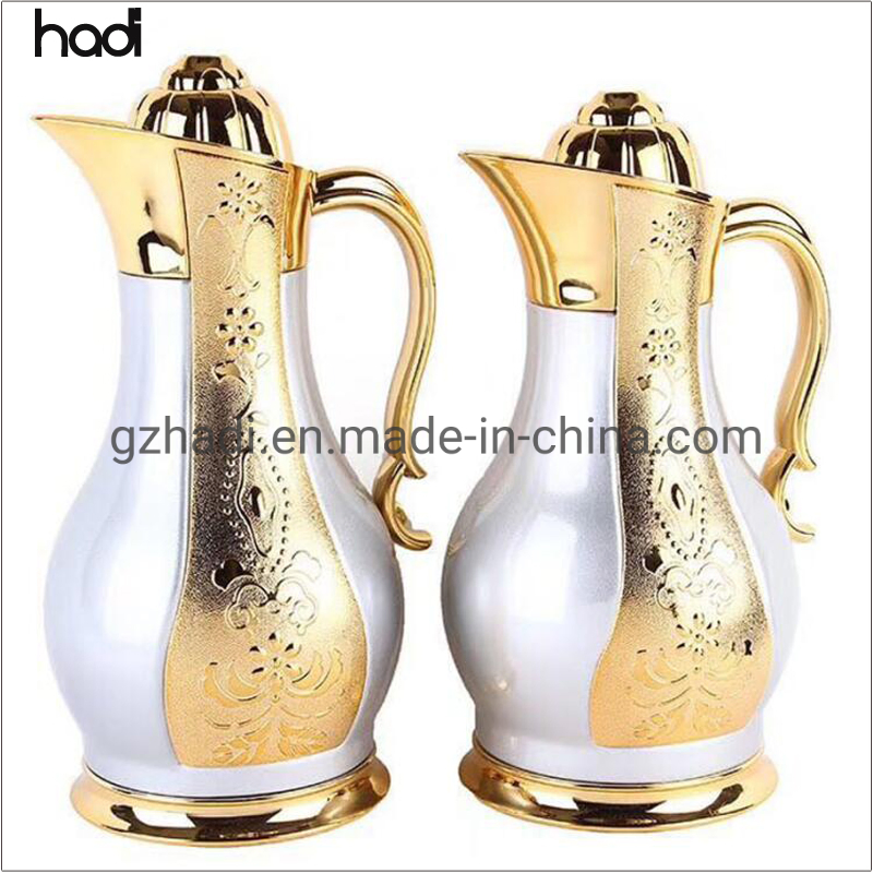 2023 New Arrival Golden Supplier Brass Sets Black Gold Modern Saudi Arabian Thermos Coffee Flask Vacuum Pot Jug Metal Body Glass Insert Arabic Coffee Pot Dallah