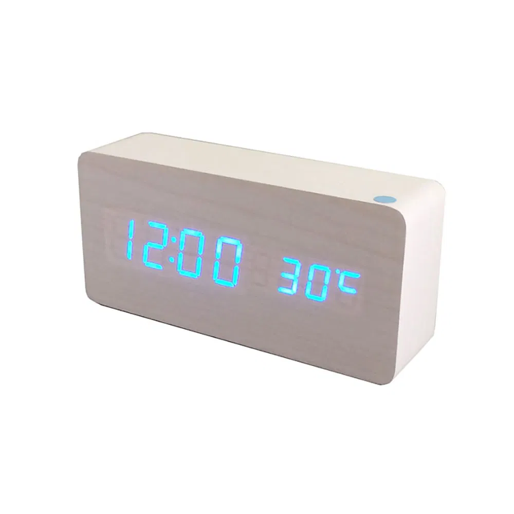 White Wood Effect LED Alarm Temperature Display Clock