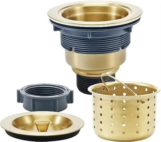 3-1/2 Inch Gold Kitchen Sink Drain Strainer with Removable Deep Basket & Water Stopper Sealing Lid