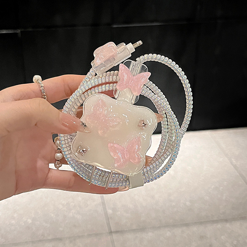 Pearlescent Pink Butterfly Charger Case Silicone TPU Adapter Case for iPhone 11 12 13 14 15 16 PRO Max 18W 20W Fast Charging Cable Case