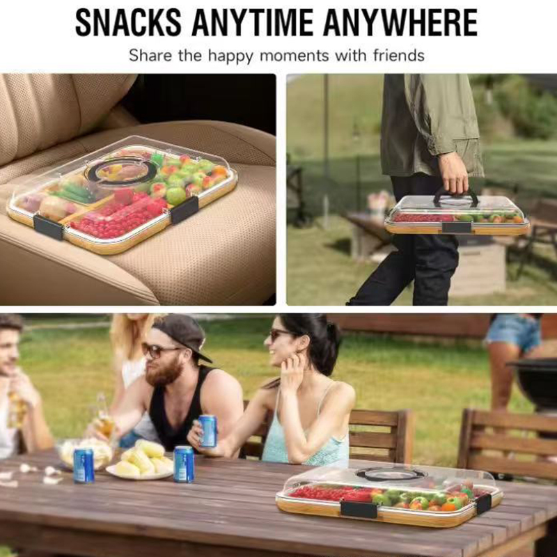 Custom Travel Portable Cheese Cutting Snack 6 Compartments Serving Tray Bamboo Charcuterie Board with Clear Lid