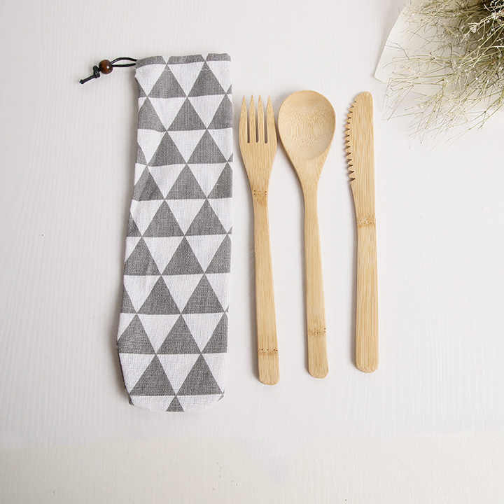 Portable Reusable Bamboo Flatware Set with Bag for Kids & Adult - Bamboo Spoon, Knife, Fork Pouch