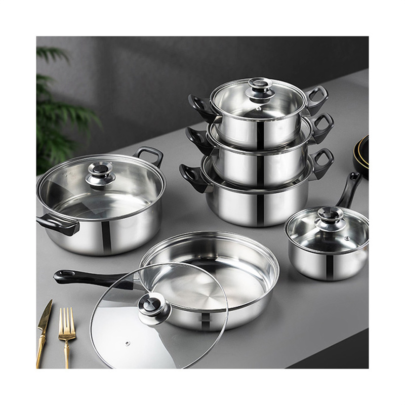 Glass Lid Home Pots and Pans Set Nonstick Cooking 12 PCS Stainless Steel Pot Cookware Set Kitchen