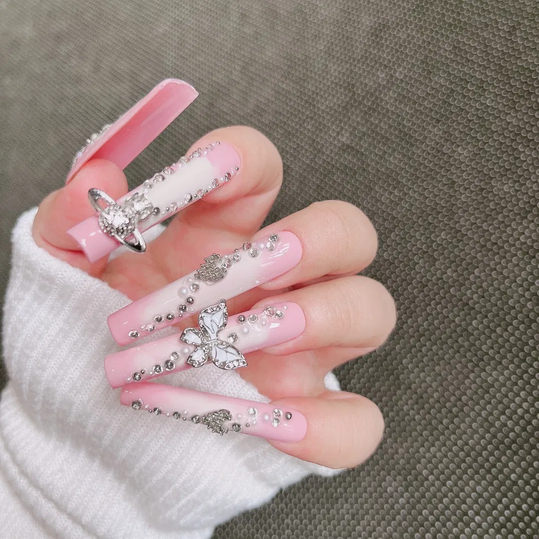 Super Long Coffin Pink Rhinestone Acrylic French Nail Art Luxury Press on Nails False Artificial Fingernails Fake Nails