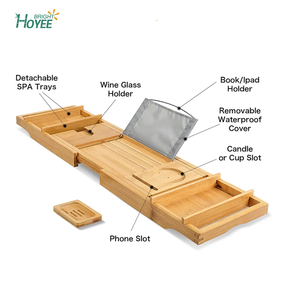 Expandable Bathtub Caddy Tray for with Wine and Book Holder, Natural